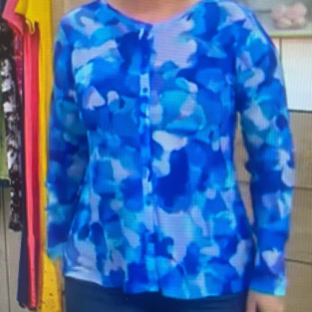 LOGO Layers Lori Goldstein Watercolor Printed Mesh Cardigan Women' XL - Blue Sea